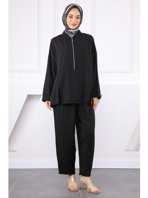 Siyah Yaka Fermuarlı Tunik Pantolonlu Takım
