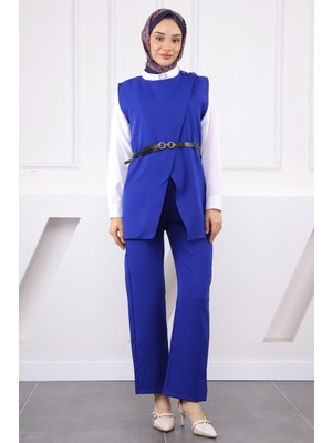 Saks Mavi Omuz Düğmeli Yelek Pantolonlu Takım