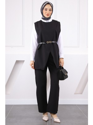 Siyah Omuz Düğmeli Yelek Pantolonlu Takım