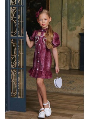 Kız Çocuk Göğsü Yırtmaç Detaylı Elmas Kalp Işlemeli Balon Kollu Bordo Kot Elbise