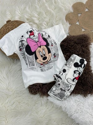 The Littles Kids Minnie Figürlü Sırt Baskılı Beli Lastikli Pamuklu Kumaş Yarım Biker Taytlı Kız Çocuk İkili Takım