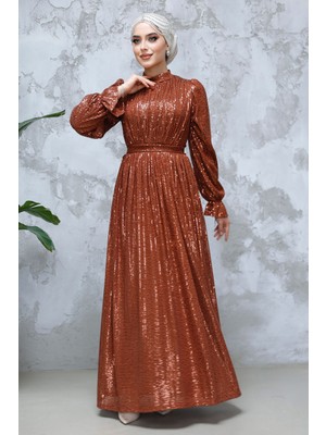 Neva Style Payetli Koyu Kiremit Tesettür Abiye Elbise 44961KKRMT