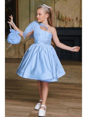 Kız Çocuk Göğsü Inci Taş Işlemeli Tek Omuz Şeffaf Askılı Eteği Kabarık Mavi Abiye