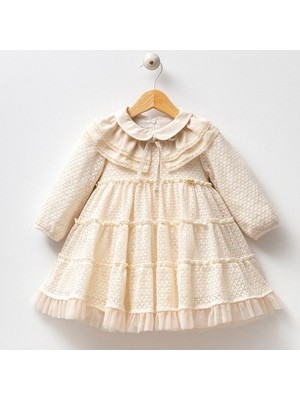 5117NY Kız Bebek Güpür Kat. Yaka Takmalı Uzun Kollu Elbise