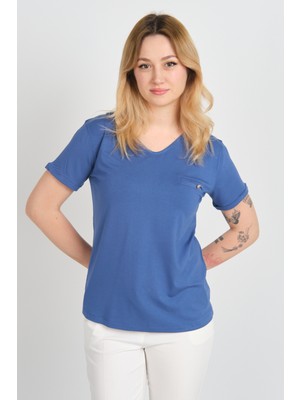 Sistas Kadın Kısa Kollu Süs Cep Detaylı Duble Kol Bluz 4110 Indigo