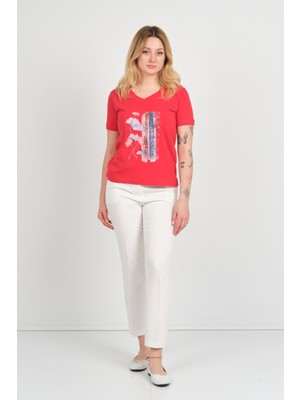 Sistas Kadın Baskı Desenli V Yaka Kısa Kollu Pamuklu Bluz 24100 Kırmızı
