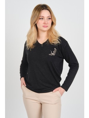 Sistas Kadın Uzun Kollu V Yaka Işleme Detaylı Bluz 4565 Antrasit