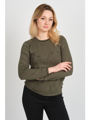 Sistas Kadın Desenli Bisiklet Yaka Uzun Kol Bluz 24611 Haki
