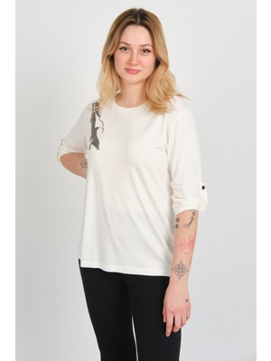 Sistas Kadın Truvakar Kol Pul Payet ve Süsleme Detaylı Bisiklet Yaka Bluz 24004 Ekru