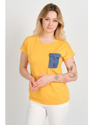Sistas Kadın Düşük Kol Tek Cep Detaylı Bisiklet Yaka Bluz 24107 Sarı