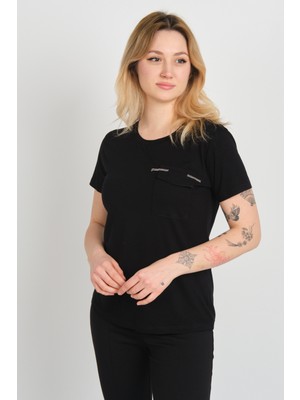 Sistas Kadın Kapak Cepli Bisiklet Yaka Kısa Kollu Bluz 4144 Siyah