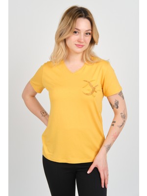 Sistas Kadın V Yaka Boncuk Işlemeli Kısa Kol Bluz 4142 Sarı