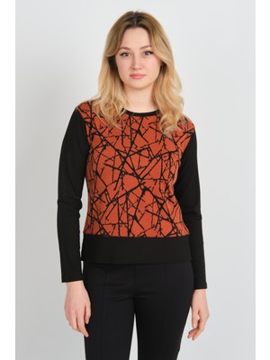Sistas Kadın Desenli Yanları Yırtmaçlı Uzun Kol Bluz 24615 Kiremit