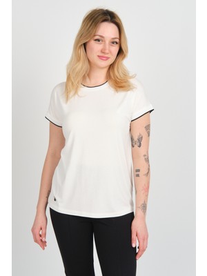 Sistas Kadın Yakası ve Kolları Örme Kumaş Bisiklet Yakalı Aksesuarlı Bluz 24213 Ekru