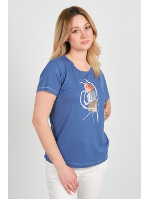 Sistas Kadın Baskı Desenli Kısa Kollu Bisiklet Yaka Bluz 24165 Indigo