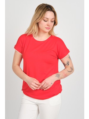 Sistas Kadın Yakası ve Kolları Örme Kumaş Bisiklet Yakalı Aksesuarlı Bluz 24213 Kırmızı