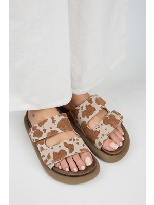 Manijero Nagual Lillo Kadın Hakiki Deri Çift Cırtlı Taba Benekli Terlik