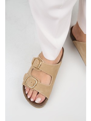 Manijero Jazmin Kadın Hakiki Deri Çift Tokalı Kum Terlik