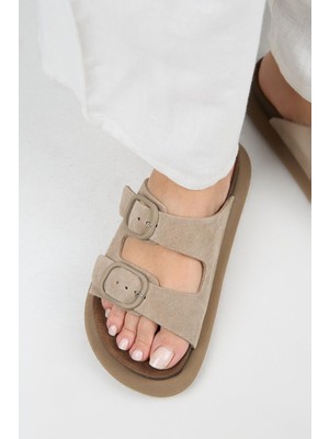 Manijero (Lavanda 2) Kadın Hakiki Deri Çift Tokalı Vizon Terlik