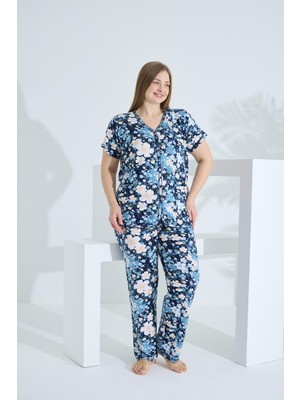 Bambu Kısa Kol Düğmeli Büyük Beden Kadın Pijama Takımı 74059