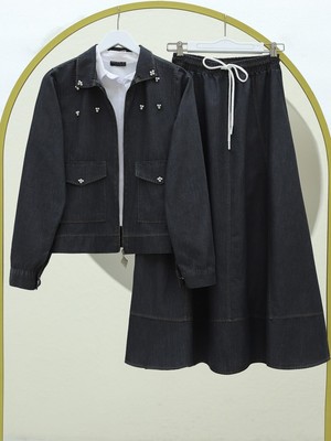 Serpme Incili Fermuarlı Ceket Etek Kot Takım