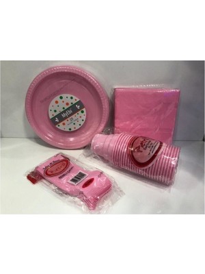 Plastik Kullan At Doğum Günü Tabak Bardak Çatal Peçete Pembe