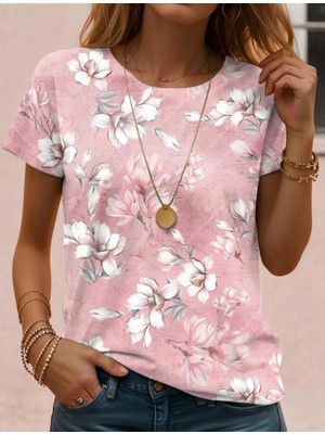 Defy Moda Kadın Kısa Kollu Bisiklet Yaka Çiçek Desenli Viskon Bluz