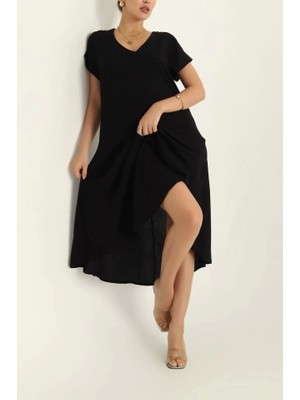 Defy Moda Kadın Kısa Kollu V Yaka Salaş Maxi Boy Elbise