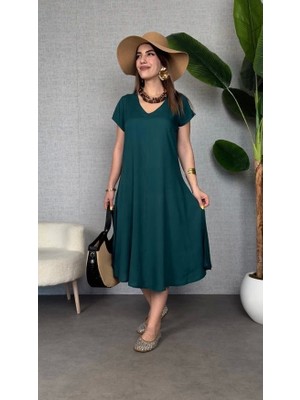 Defy Moda Kadın Kısa Kollu V Yaka Salaş Maxi Boy Elbise