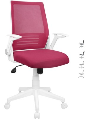 BEYAZ Katlanır Kollu Çalışma Sandalyesi | LUMA Ofis ve Bilgisayar Koltuğu | Fuşya Kumaş
