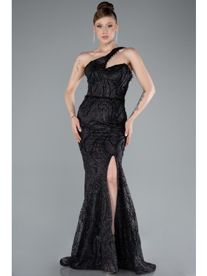 Tek Omuz Bacak Dekolteli Uzun Simli Abiye ABU4697