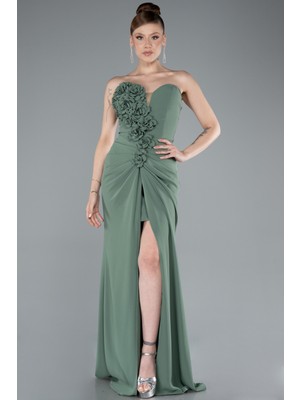 Straplez Bacak Dekolteli Uzun Abiye Elbise ABU4213