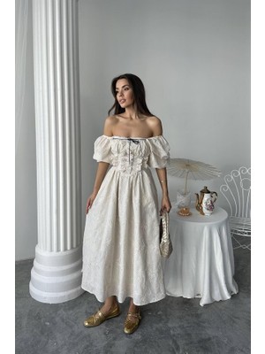 Passense Bej Dantel Detaylı Brode Elbise