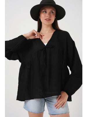 Passense Önü Bağcıklı Uzun Kol Bluz 946 - Siyah