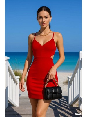Gökyüzü Moda Kadın Dalgıç Krep Kumaş Vücuda Oturan Yanları Açık V Yaka Askılı Mini Elbise