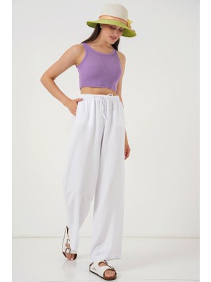 La Mode Istanbul Geniş Paça Keten Pantolon 6735 - Beyaz