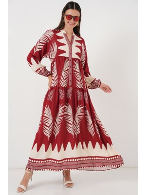 Alinn Butikk 2423 Otantik Desenli Tesettür Elbise - G.bordo