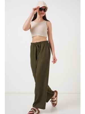 Gökyüzü Moda Geniş Paça Keten Pantolon 6735 - Haki