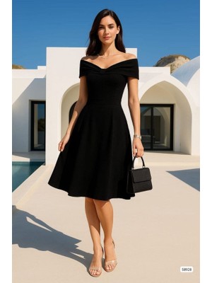 Passense Kadın Madonna Yaka Pliseli Scuba Krep Kumaş Diz Üstü Elbise