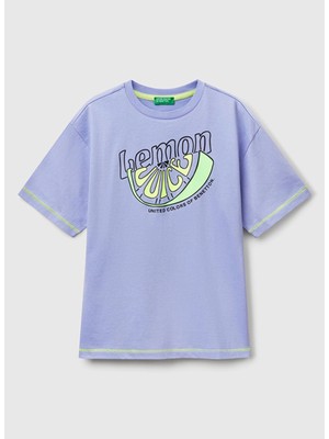 Benetton Baskılı Mor Erkek Çocuk T-Shirt 3I1XC10P6