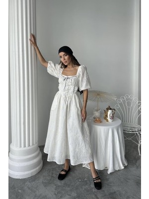 Passense Ekru Dantel Detaylı Brode Elbise