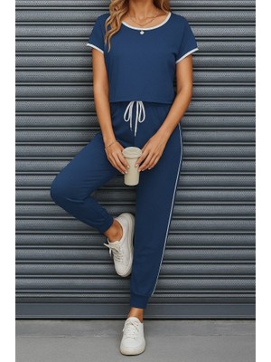 Passense Kadın Kısa Kollu Kayık Yaka Viskon Iki Iplik Bluz ve Bağcıklı Pantolon Ikili Takım