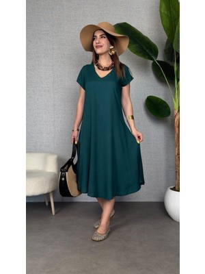 Gökyüzü Moda Kadın Kısa Kollu V Yaka Salaş Maxi Boy Elbise