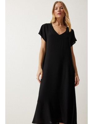 Nidam Butik Kadın Kısa Kollu V Yaka Salaş Maxi Boy Elbise