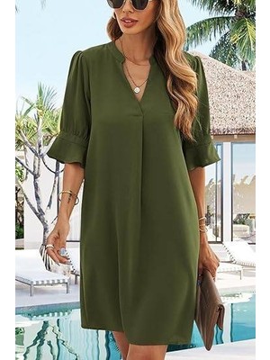 Passense Kadın Dokuma Viskon Kumaş V Açıklıklı Yuvarlak Bant Yaka Salaş Mini Elbise