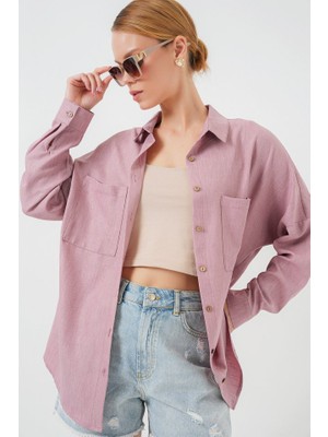 Passense 20126 Oversize Keten Gömlek - Gül Kurusu