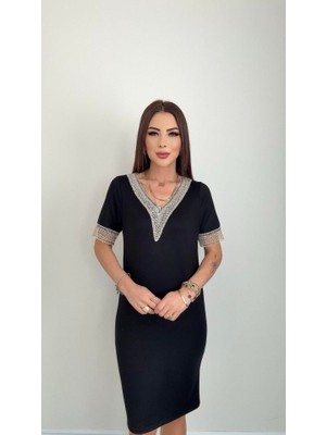 Nidam Butik Kadın V Yaka Güpürlü Iki Iplik Elbise