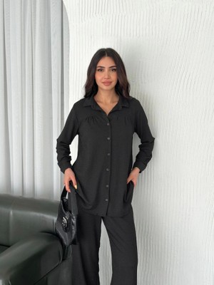 Gökyüzü Moda Yakalı Düğmeli Uzun Kollu Gömlek Pantolon Ikili Takım - Siyah