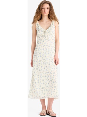 DeFacto V Yaka Çiçekli Şifon Kolsuz Midi Yazlık Elbise F2007AX25SM