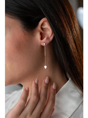 925 Ayar Gümüş Gold Kaplama 5 mm Tektaş Sallantılı Zincir Sade Kalp Model Küpe